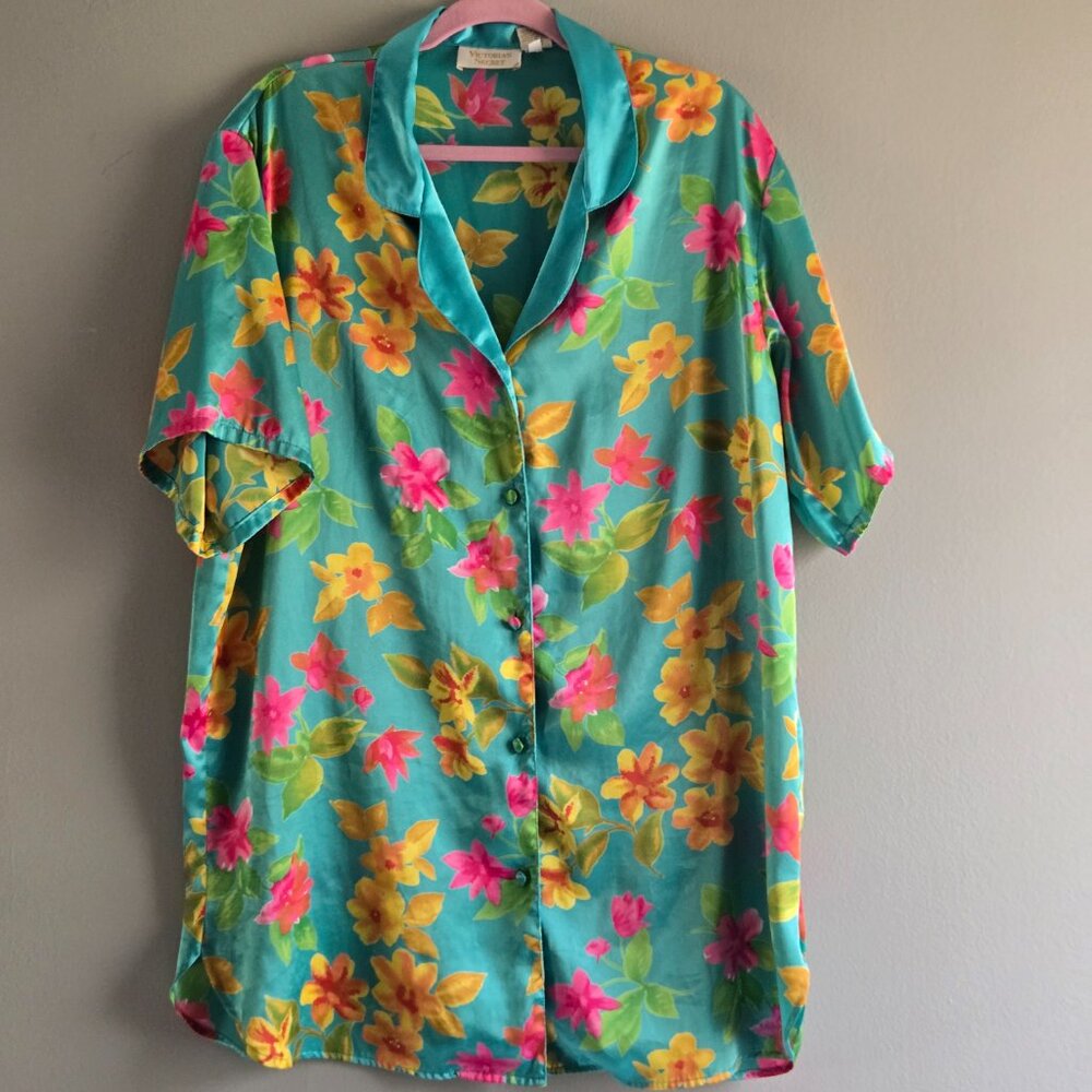 Vtg Victorias Secret Gold Label TropicalSilky Sleep Shirt Aqua Pink Orange